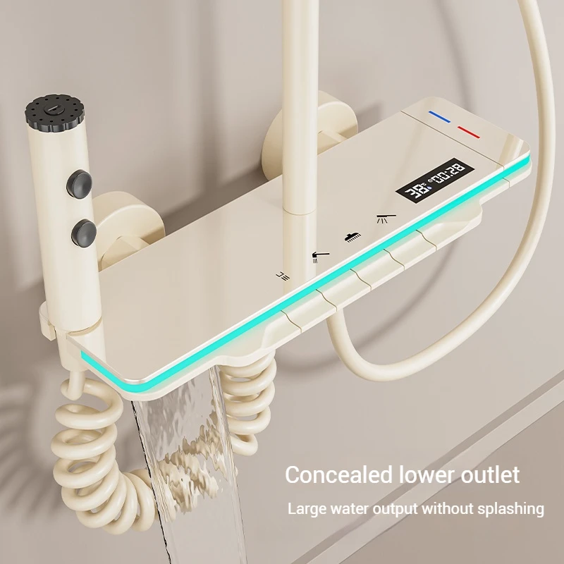 Cream White Brass Piano Keys 4 Functions Thermostatic Bathroom Shower System Intelligent Light Emitting Diode Digital Display