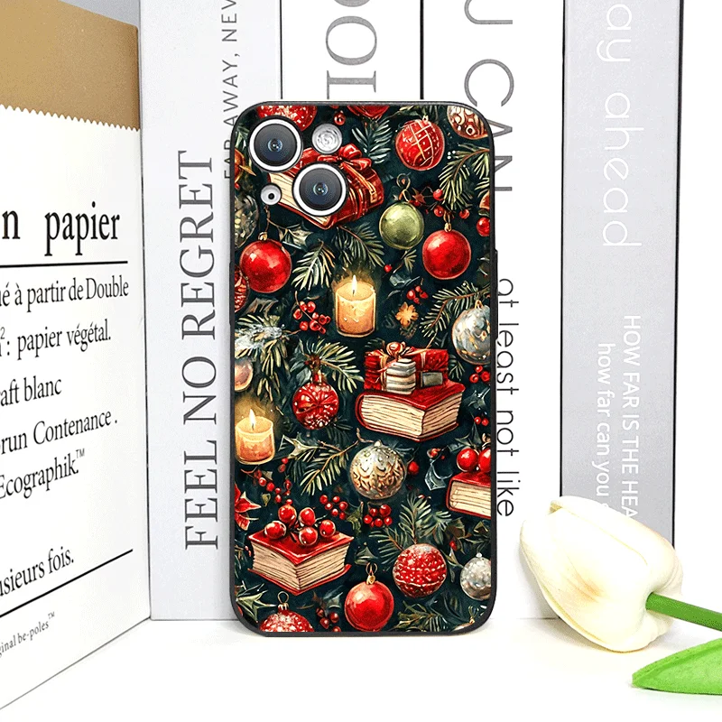 เคสโทรศัพท์ลายหนังสือตกแต่งคริสต์มาสสำหรับ iPhone 16 12 11 14 13 15 Pro Max Mini X XS XR SE2 7 8 Plus แบบนิ่ม