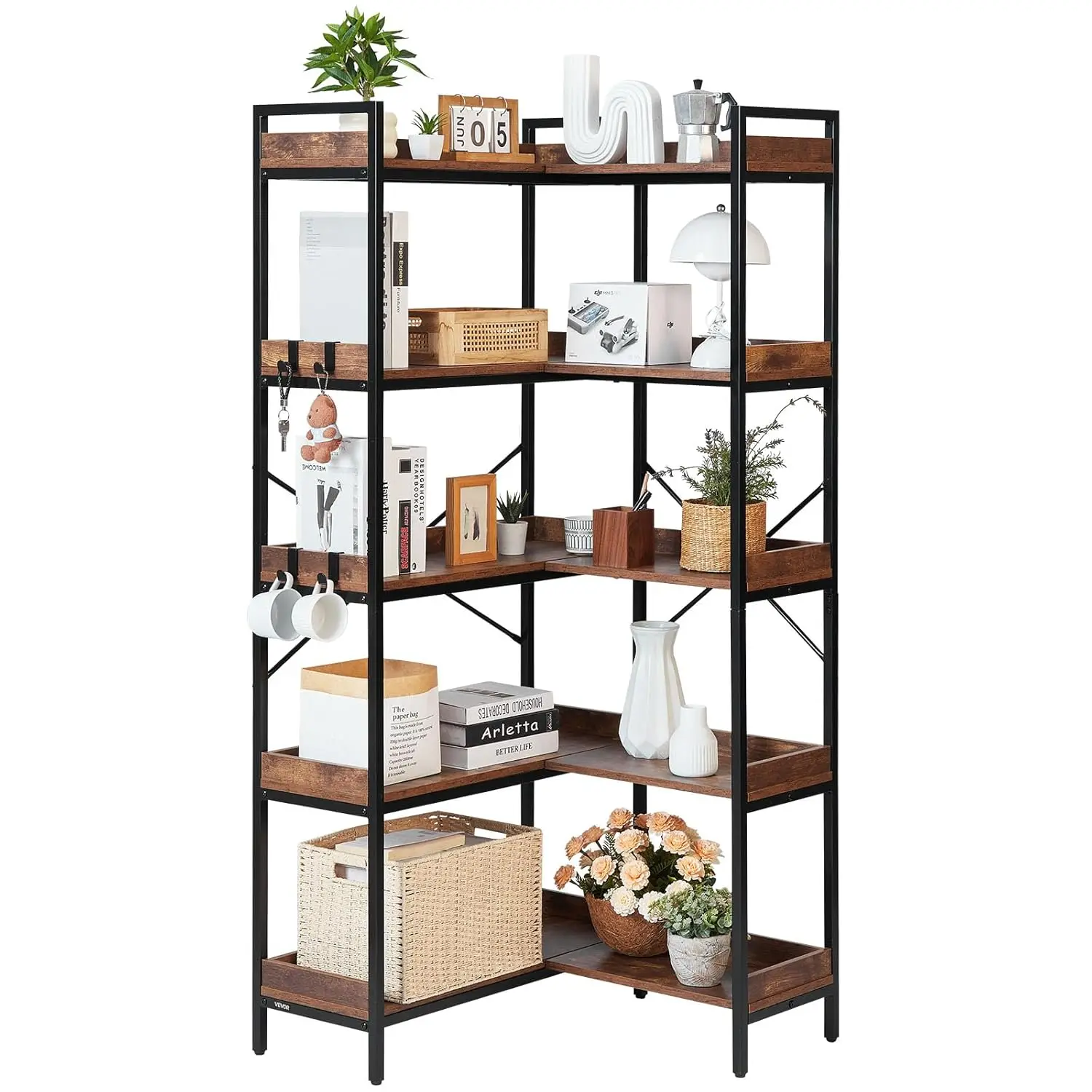 

Пятиуровневая угловая книжная полка L-образной формы с металлическим каркасом и деревянными полками, высокая стойка с 4 крючками для спальни, гостиной, офиса, на заказ