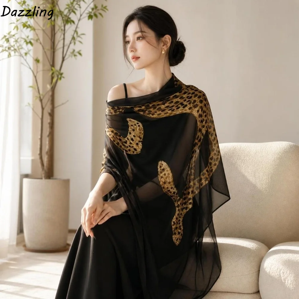Leopard Sunscreen Cover-up Tiger Print Old Money Style Vintage Shawl Wrap Neckerchief Temperament Long Cover Scarf Daily Outfits