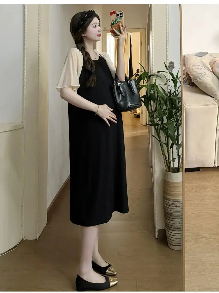 

Pregnant Women's Summer Dresses Block Color Patchwork Square Collar Short Flare Sleeve Maternity Black Dress Loose Casual Dress