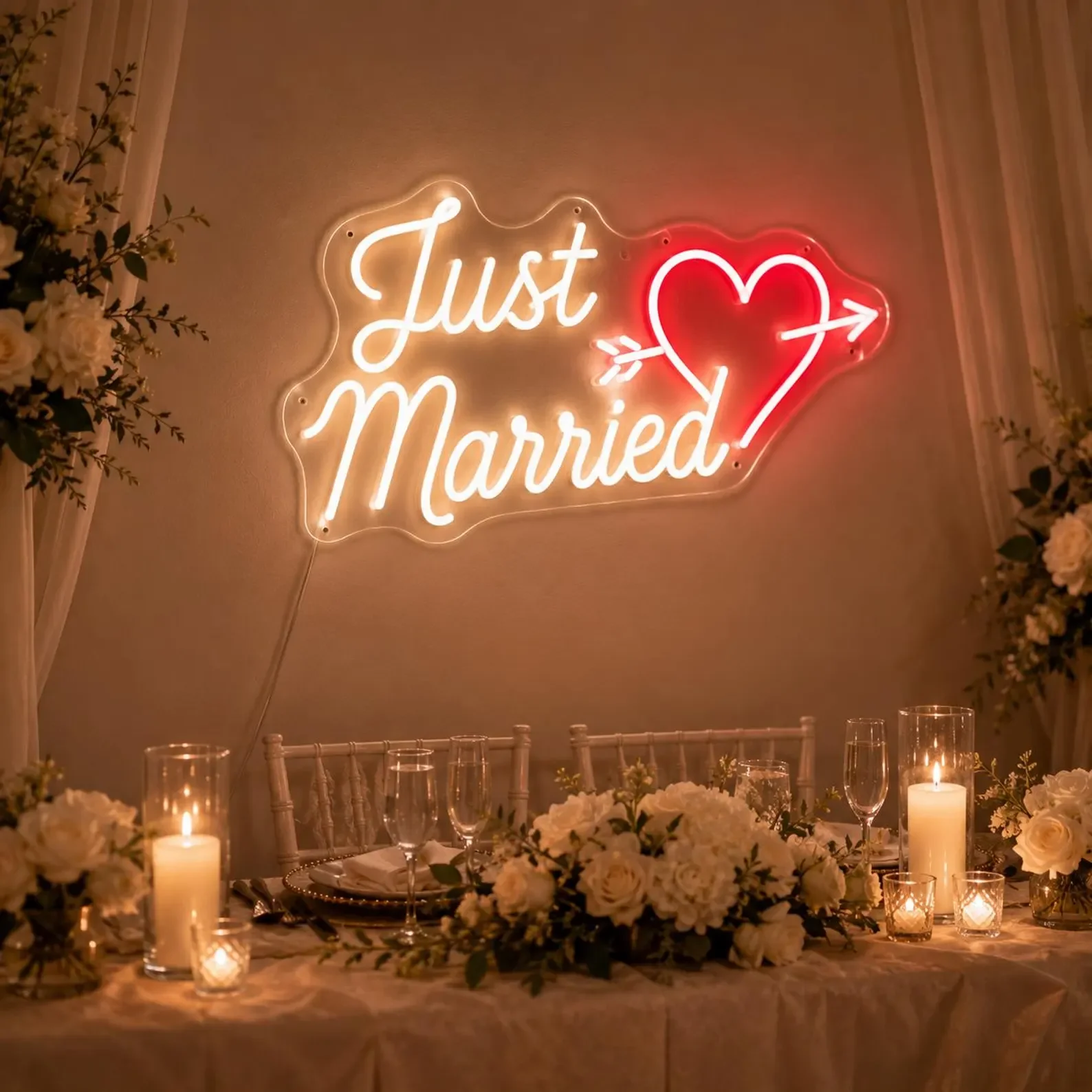 Just Married Neon Sign,Heart Arrow Wedding Decor,Romantic Reception Wall Light,Engagement Party Backdrop Sign,Just Married Sign
