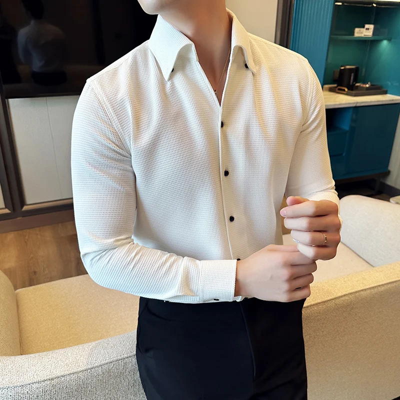 Autumn Solid Color Waffle Shirt Men Slim Fit V Neck Long Sleeve Casual Business Formal Dress Shirts Social Party Streetwear 4XL