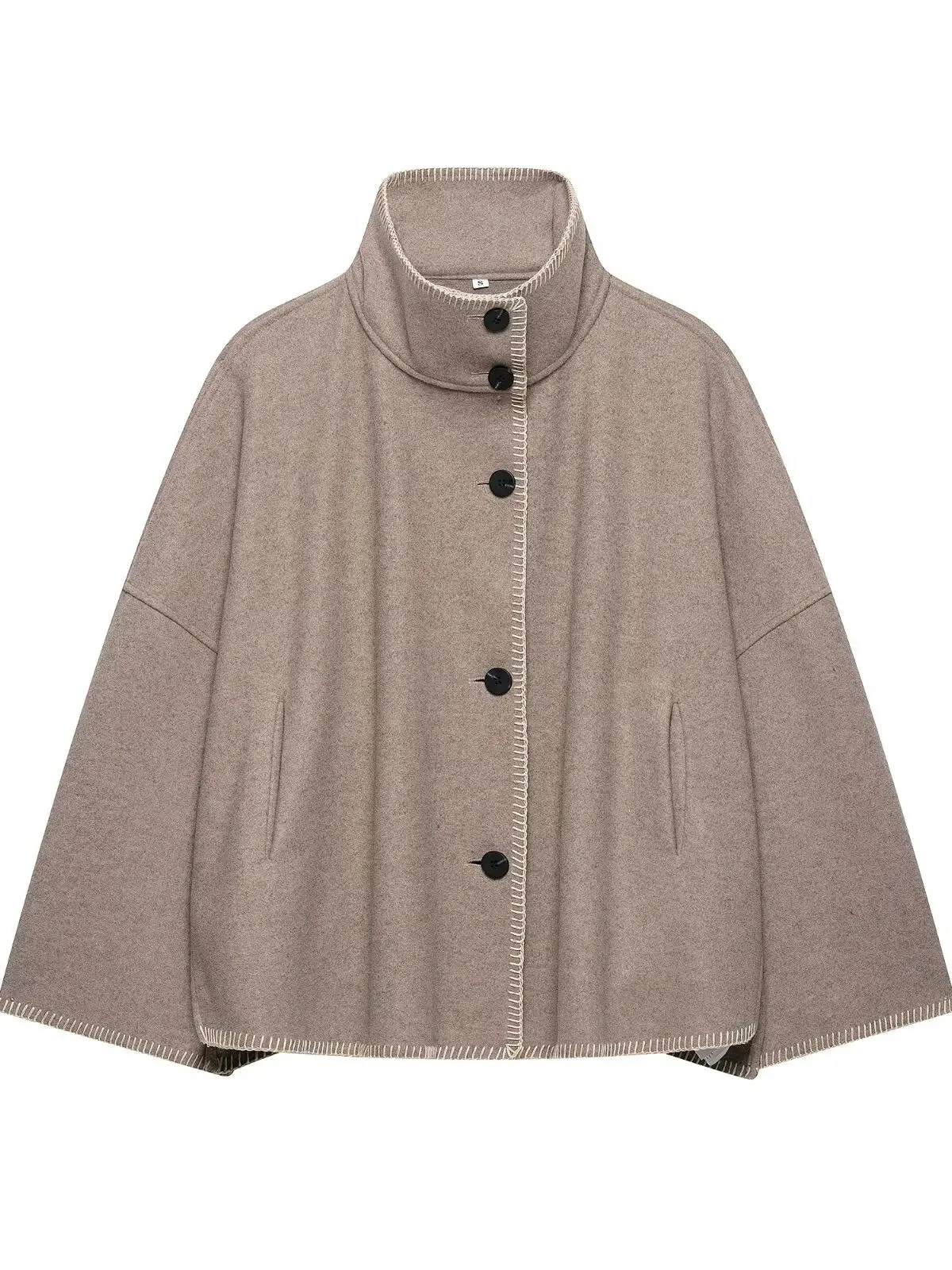 Women's Short Woolen Coat Loose Fit Stand Collar Button Detailing Relaxing Design Sense Polyester Fiber Long Sleeve Coat