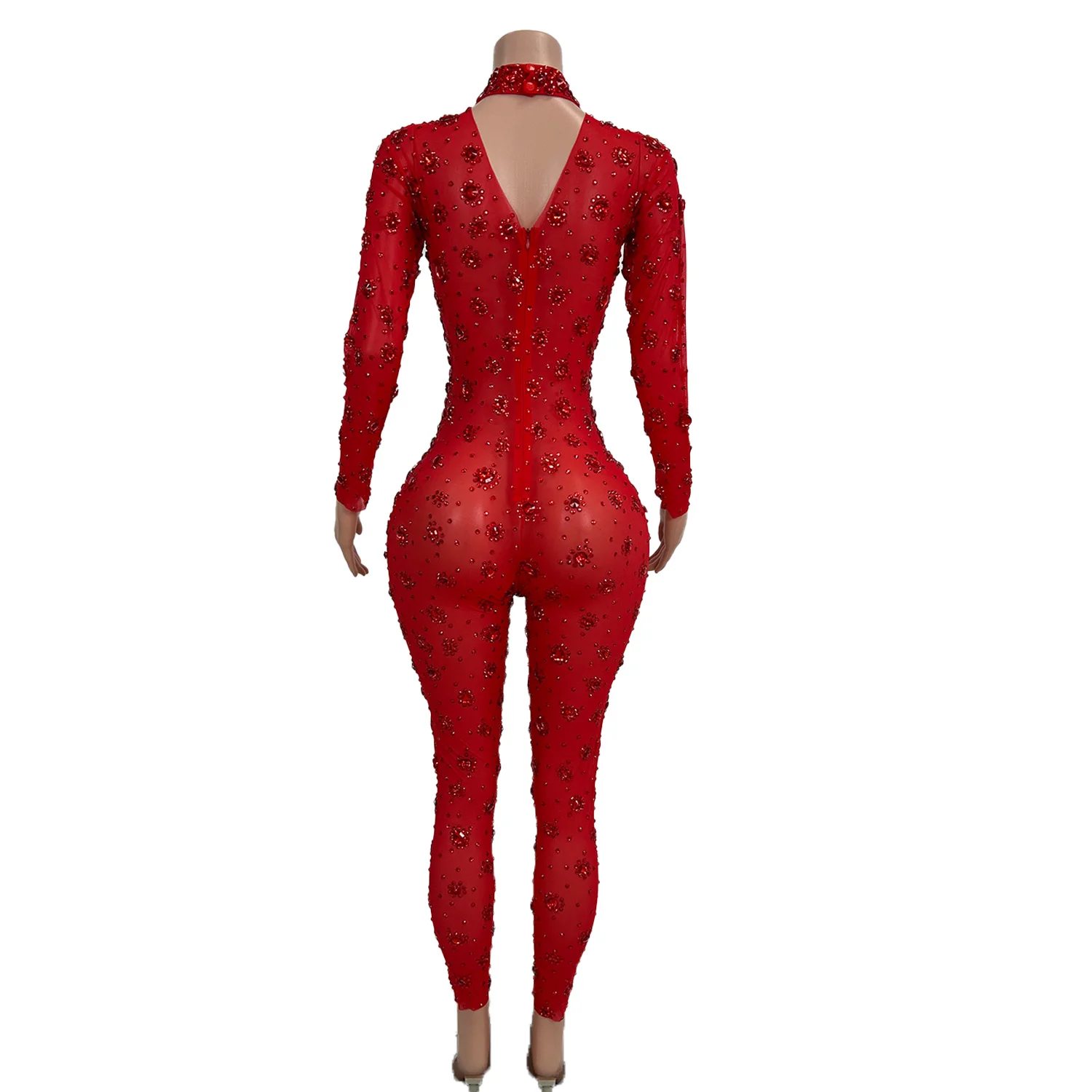 Justaucorps Sexy Rouge avec Strass pour Femme, Tenue de Festival, Pole Dance, Boîte de Nuit, Batterie de ix, Combinaison une Pièce