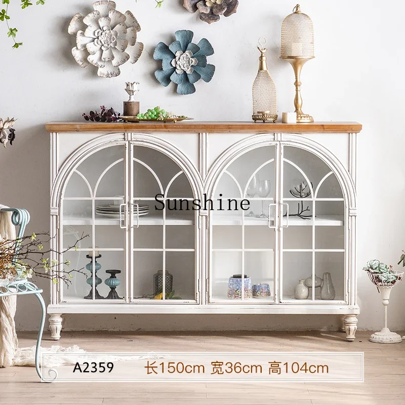 French retro entrance solid wood arched glass door storage living room decoration white cream style dining side cabinet