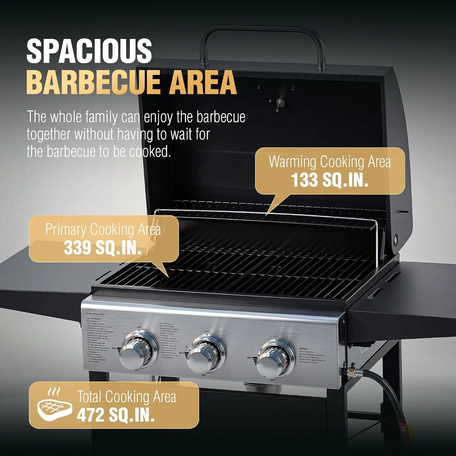 3 Burner BBQ Propane Gas Grill, 472 Sq. In. Cooking Area, 30,000 BTU Stainless Steel Barbecue Grill with Two Foldable Shelves fo