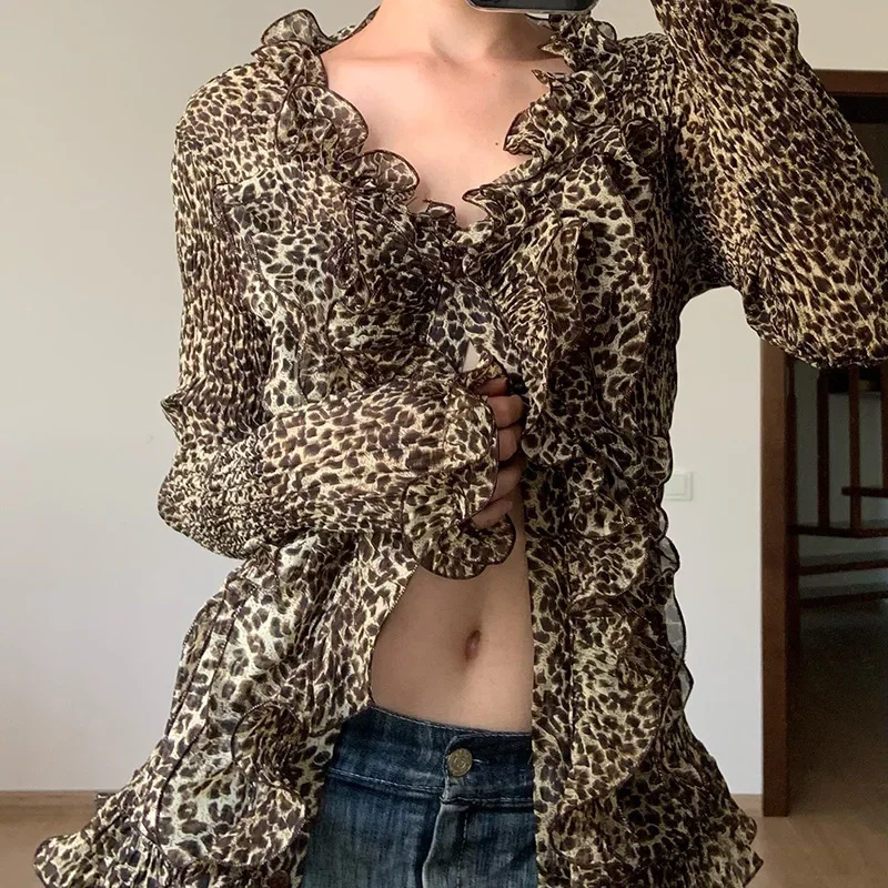 

Sexy Leopard Blouses for Women 2024 Blusas Mujer De Moda Long Sleeve Tunic Chiffon Tops Ruffles Fashion Summer Blouse Shirts