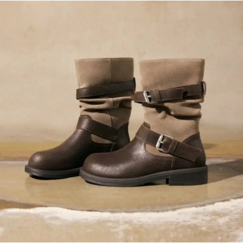 Vintage Spliced Slouch Mid Calf Boots for Women Double Buckle Low Block Heel Round Toe Boots Autumn Western Style Footwear