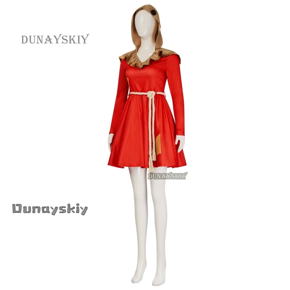 فستان كوسبلاي أحمر مع حزام غطاء للرأس كوسبلاي للهالوين وعيد الميلاد دون تقديم حلوى كرنفال الهالوين