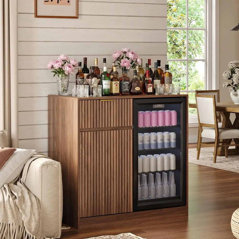 

Fridge Cabinet with Power Outlet, Coffee Bar Cabinet with Fridge Space amp Wine Glass Rack, Fluted Buffet Sideboard with Drawer