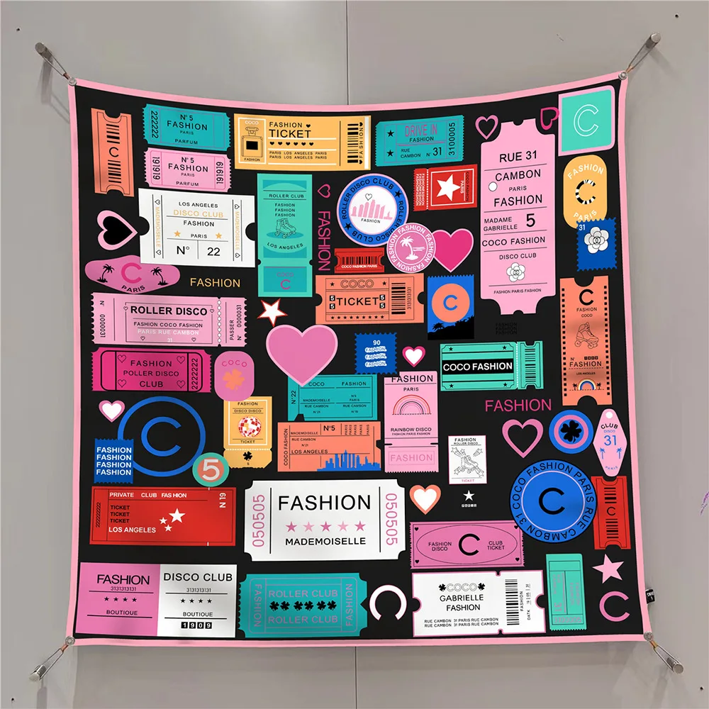 

New 90x90cm New Design Letters Flowers Printed Twill Silk Scarf Square Scarves Lady Headscarf and Scarf Woman Fashionable Shawl