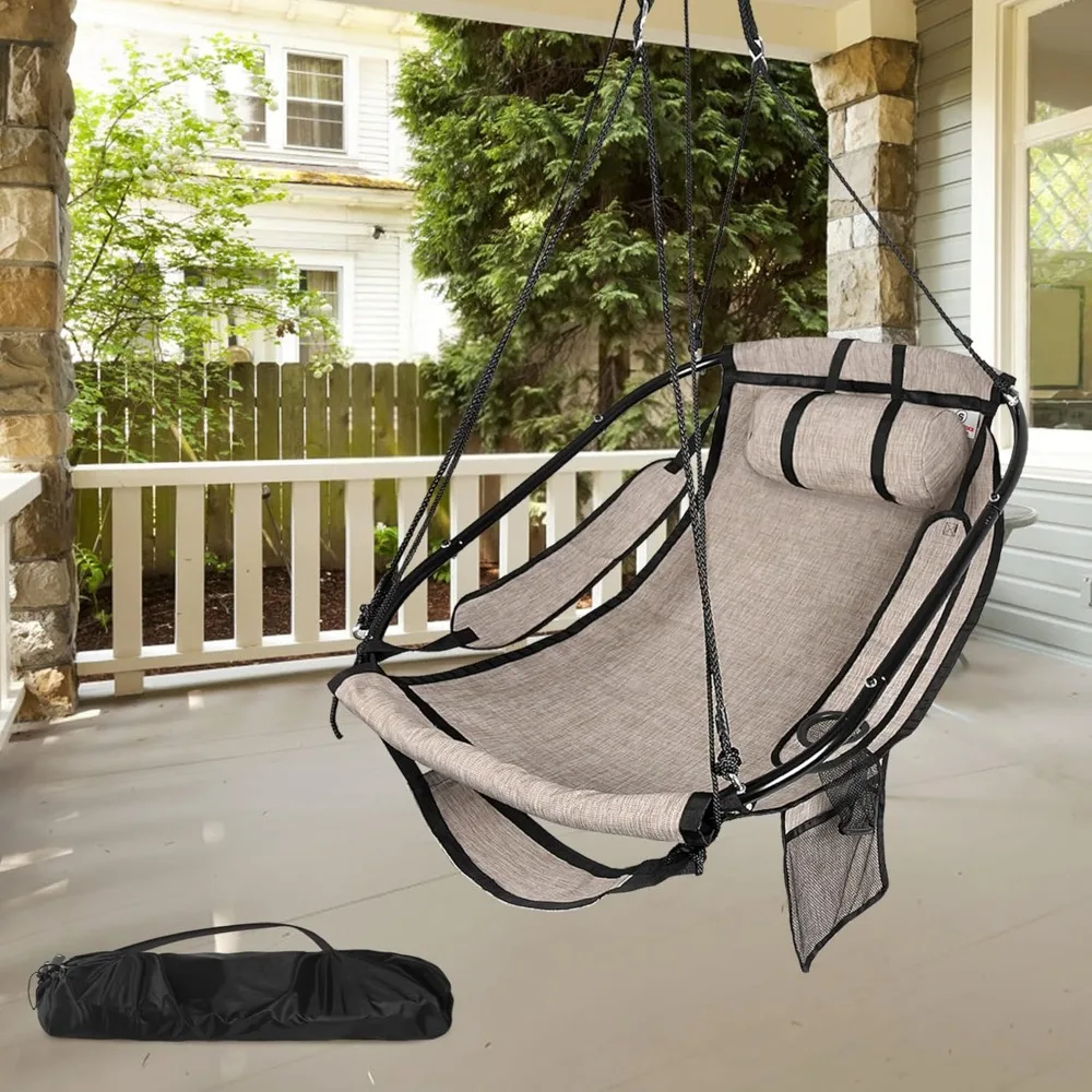 

Hammock Chair with Foot Rest, Sky Chair with Metal Bar, Hanging Chair Outdoor with Side Pouch, Supportive Pillow, Max 330 LBS C