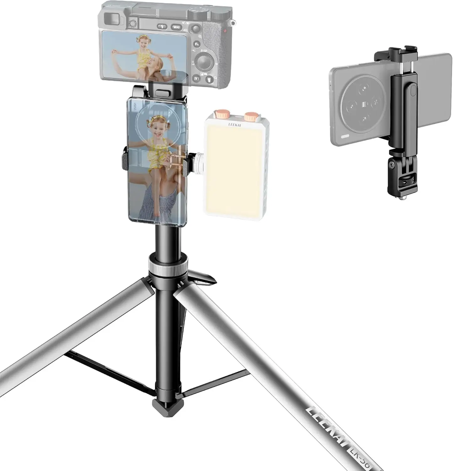 

LK56 Aluminum Light Stand with Phone Holder, 83.9''/213cm Adjustable Tripod, Extendable Camera Phone Tripod with 1/4" Sc