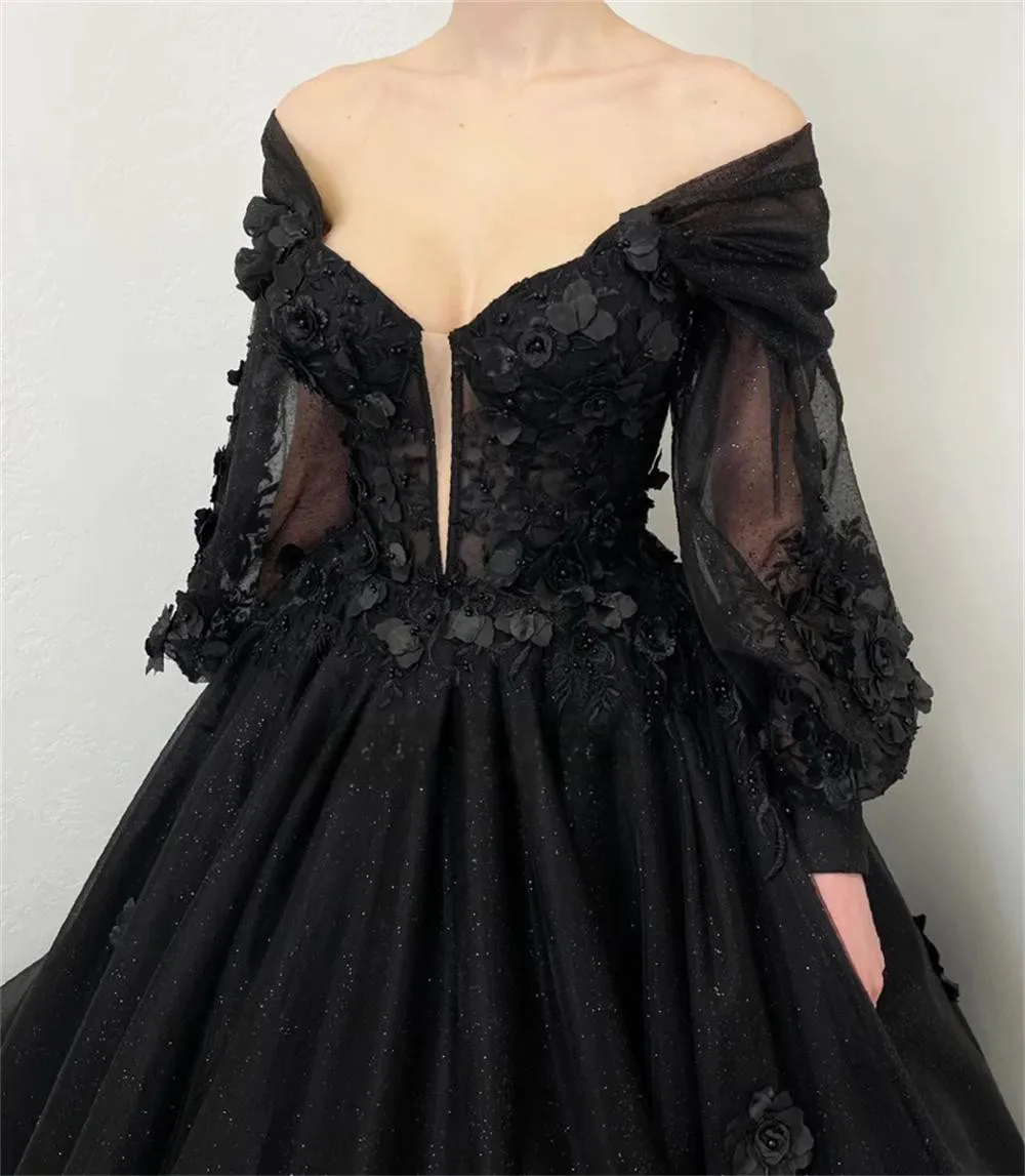 Amanda Puffy Sleeve Prom Dress Luxury 3D Flower Long Train Vestidos De Fiesta Gothic Ball Gown Wedding Dress فساتين سهرة