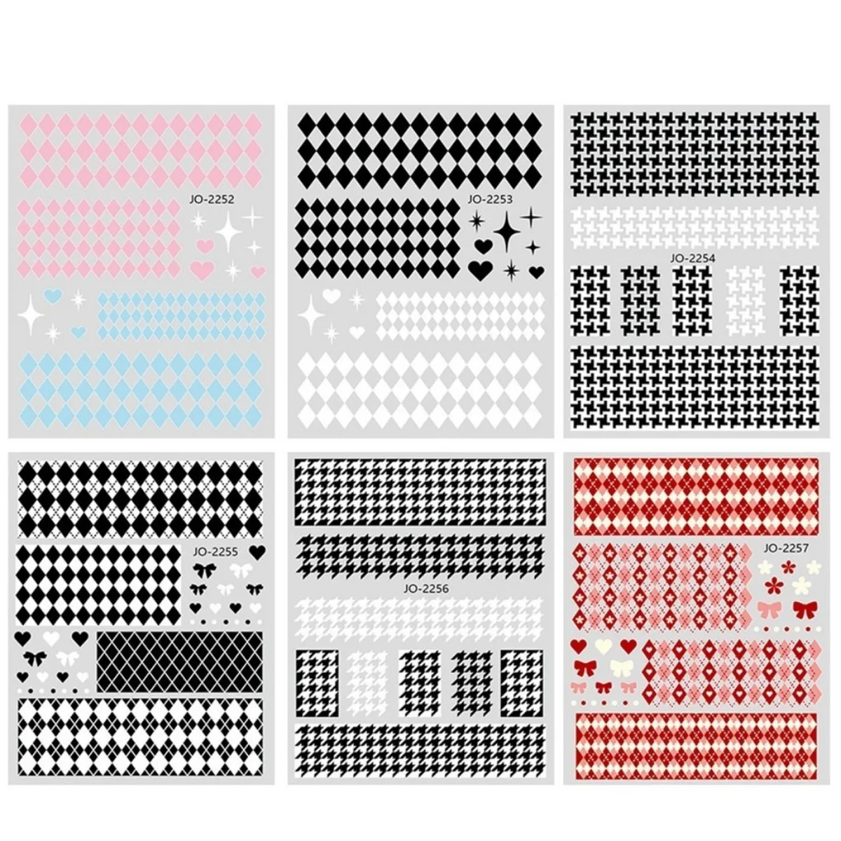 Checkered Série Nail Art Adesivos com Amor Padrão Diamante, Design Quadrado Preto e Branco, Decalques Decoração de Unhas