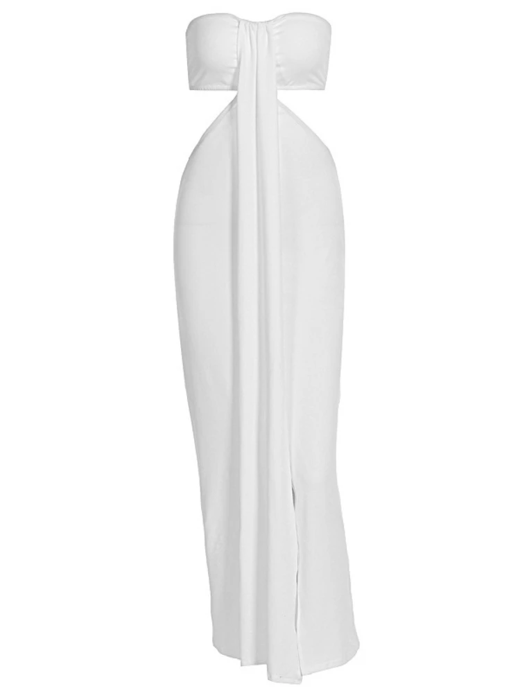 SsTss レディース ホワイト ストラップレスドレス セクシー カットアウト バックレス ノースリーブ スリム スリット パーティー マキシドレス 2025 夏 ファッション ビーチドレス