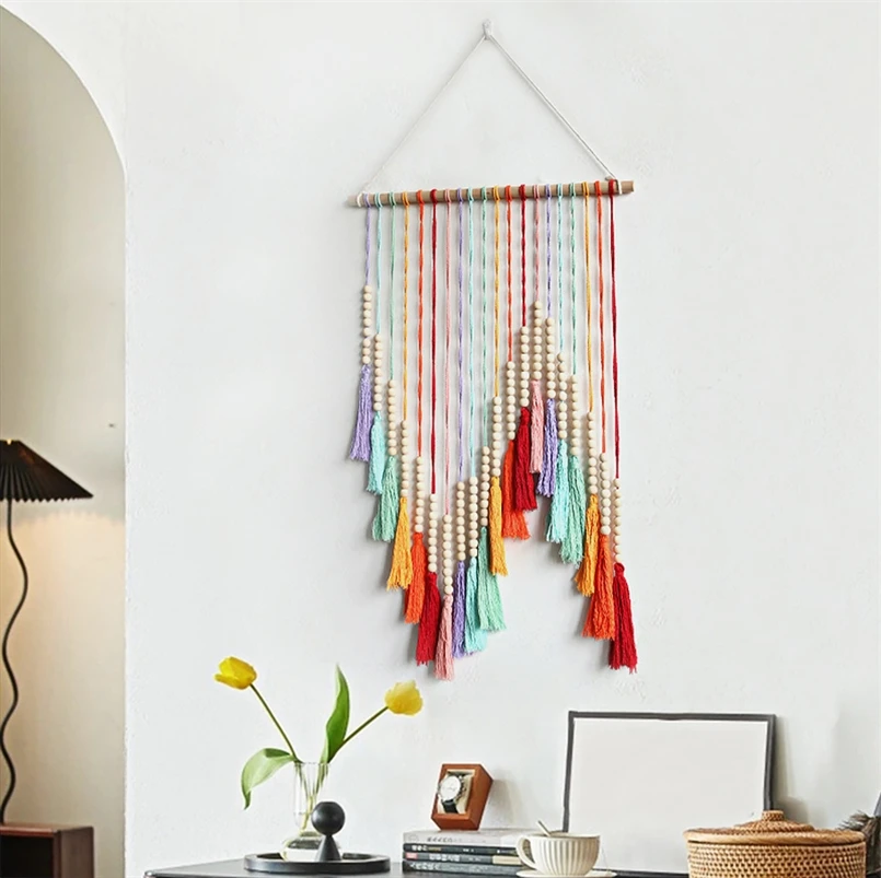 

Hand Woven Colorful Tassel Tapestry Nordic Style Room Decoration Wall Hanging Home Background Wall Decoration