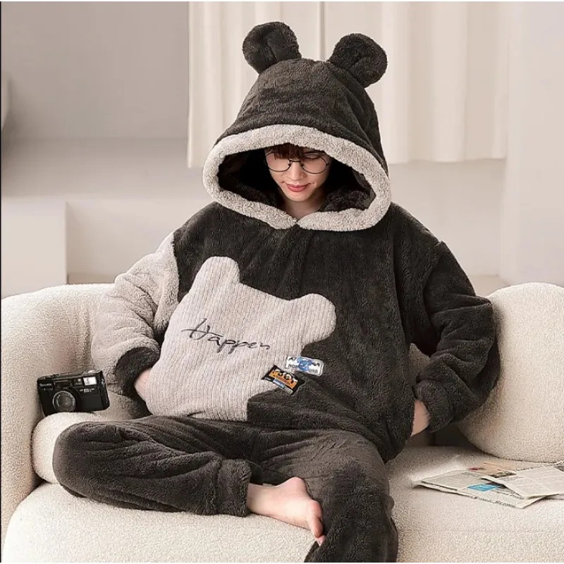 Winter Big Children Big Size Coral Velvet Pajamas for Men with Velvet Thickening Young Students Cute Hooded Warm Home Suit Set