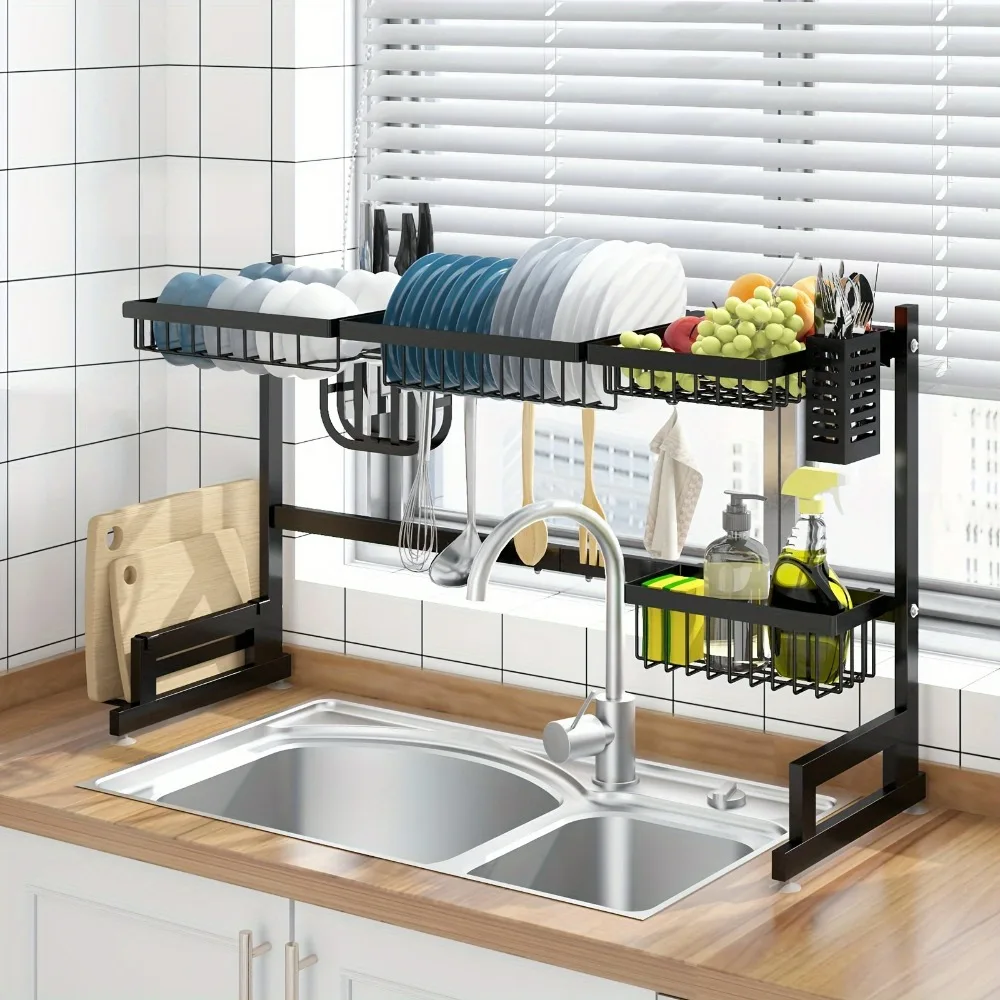 Large kitchen countertop dish rack adjustable,expandable double sink mounted dish rack with cutlery rack,cutting board rack