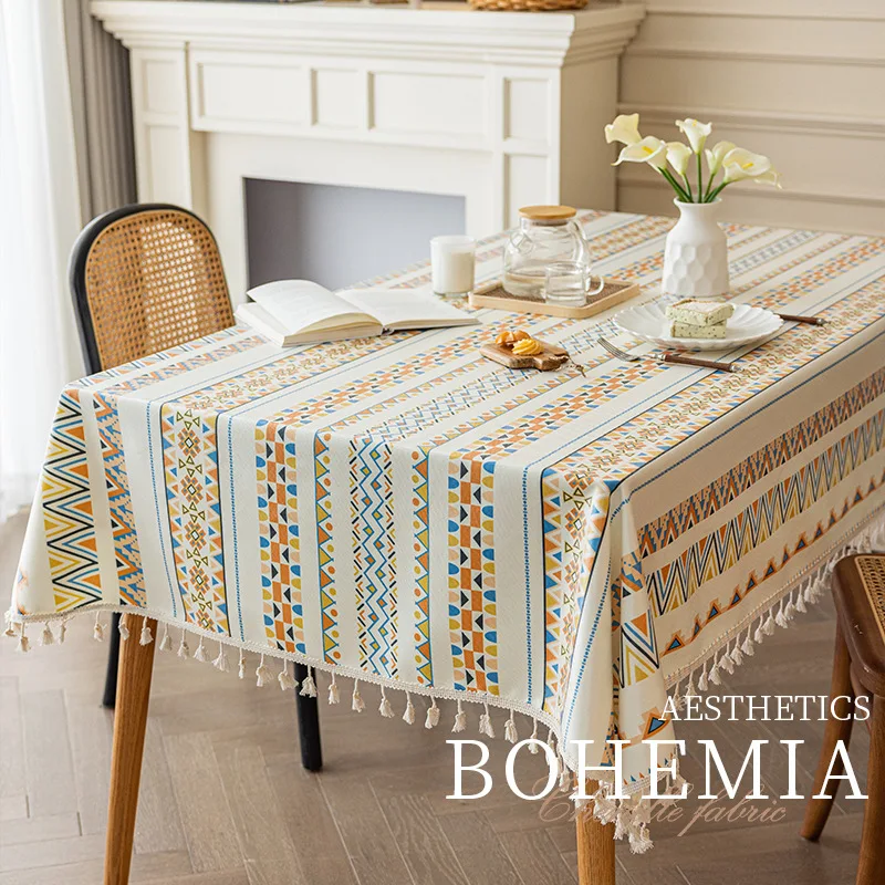 

Exquisite Ethnic Style Rectangular Tablecloth, Washable Cotton-Linen Blend, Fringed Design, Waterproof & Oil-Proof - Ideal for D