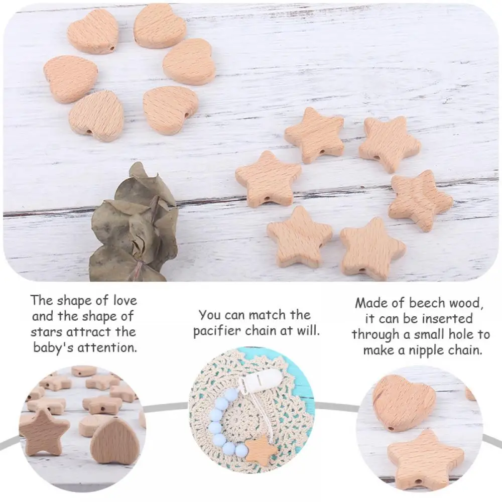 10Pcs Beech Wooden Beads Heart Star Shape Baby Teether Beads for DIY Necklace Pacifier Chain Crafts Jewelry Making