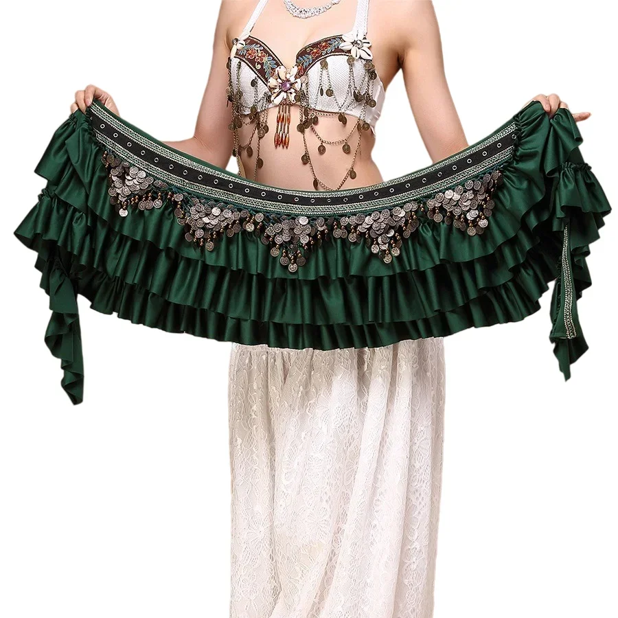 New Womens Belly Dance Hip Scarf With Copper Coin Tribal ATS Vintage Satin Wrap Belt Extra Long Red Green Black