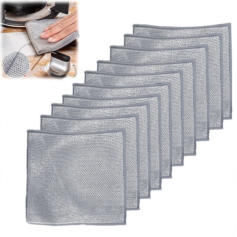 5/10pcs Magic Dishcloth Silver Wire Cleaning Kitchen Cloth Thickened Microfiber Wash Towel Built-in Sponge Steel Wire Ball Rag