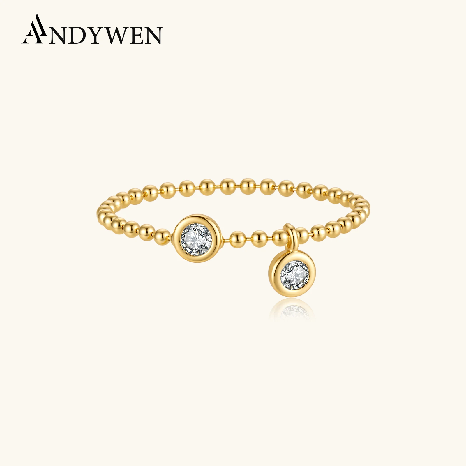 ANDYWEN S925 Sterling Silver Gold Beaded Ring For Women with Round Cubic Zirconia Charm 2026 Trendy Rock Punk Fine Jewelry