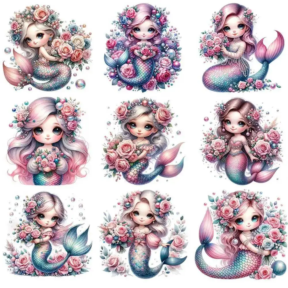 

15cm Cute Kids Flower Mermaid Iron On Heat Transfer Sticker For Clothes Pinted Vinyl Thermal Appliques Washable T-Shirt Decal