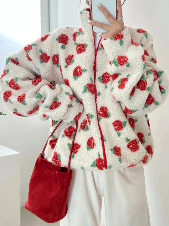 

Корейский зимний свитер с вышивкой розы на молнии, свободный крой, теплый свитшот из меха ягненка, женская повседневная верхняя одежда, пальто