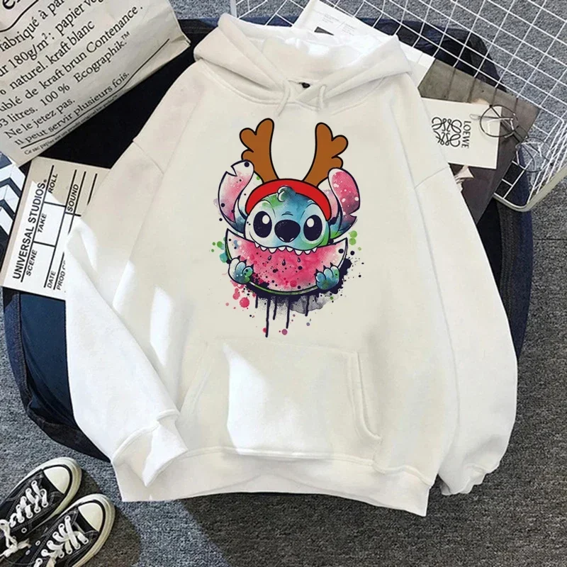 Funny Hoodies Women Harajuku Disney Stitch Christmas Pullovers Cute Kawaii Casual Tops Angel Print Long Sleeve Hooded Sweatshirt