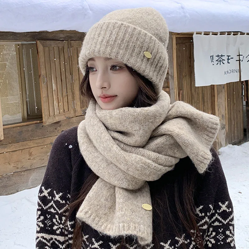 Комплект из 2 предметов, женские зимние шапки, шапки и длинный шарф, женский зеленый, розовый, хаки, зимняя шапка, шарф, комплект женского