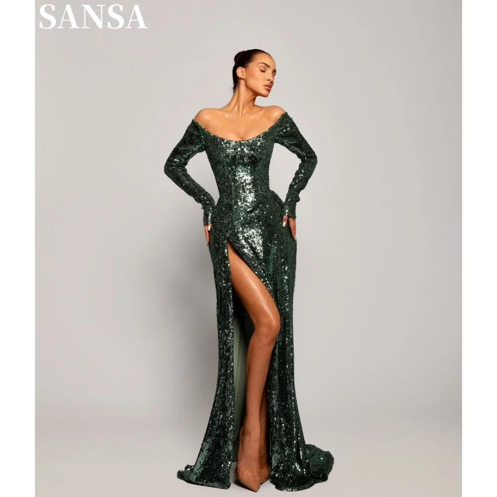 

Sansa Formal A-line Sequin Evening Dress Customized Floor-Length Side Splite Wedding Dress O-Neck Long Sleeve Vestidos De Fiesta