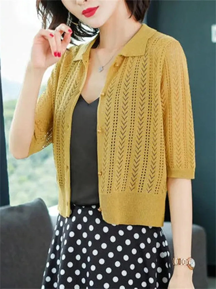 Thin Hollow Out Loose Knitted Cardigan Women Half Sleeve Shawl Korean Sunscreen Short Tops Ice-silk Elegant Spring Summer Coats