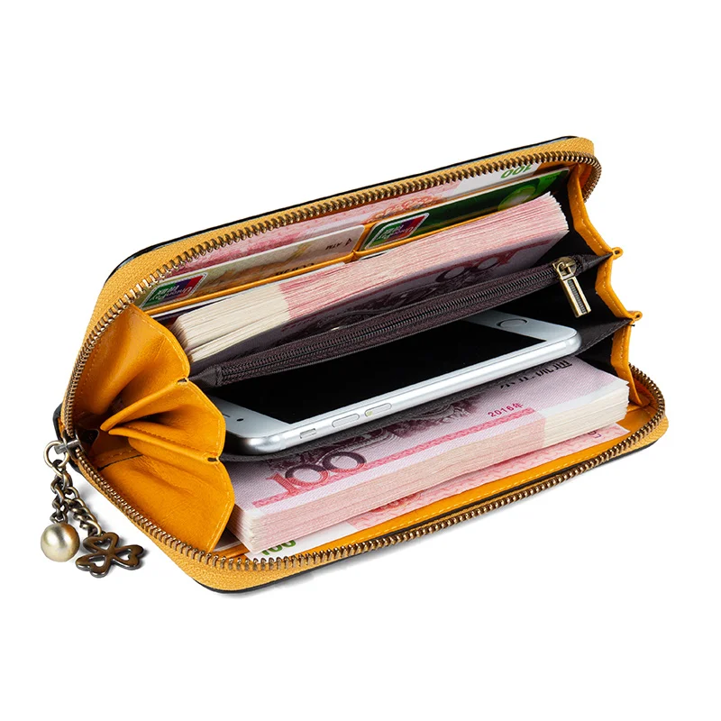 Genuine Leather RDIF Blocking Vintage Flower Embossed Long Cellphone Women Purse Hand Crafted Cowhide Wallet for Ladies