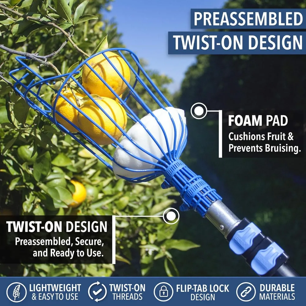 12-Foot Fruit Picker (20+ Foot Reach) | Telescoping Fruit Picker Pole, Easy to Attach Twist-On Apple Basket | Lightweight