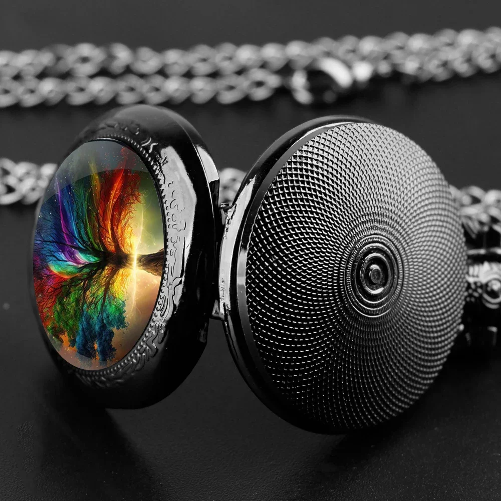 Colorful Tree Glass Dome Pocket Watch – Quartz + Durable Chain & Arabic Numerals, Unique Creative Gift