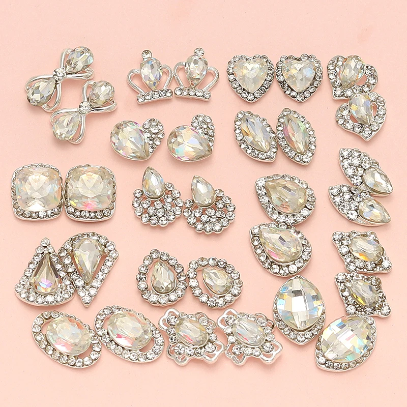 Mélange de 32 pièces de bijoux pour ongles avec strass K9, breloque en pierre précieuse en cristal éblouissant, accessoires pour ongles en alliage d'argent à faire soi-même pour décorer les ongles