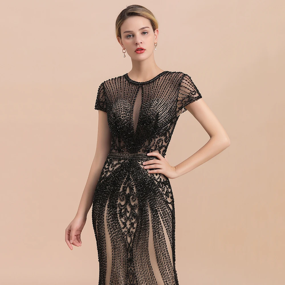 2024 Hot Luxury Beads Stones Mermaid Prom Dresses For Women Party Short Sleeves Sexy Sheer Back Evening Gowns Vestido De Festa