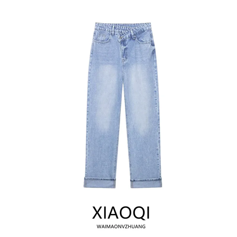 Summer 2025 High Waist Straight Leg Jeans Women's Faion New Arrival Versatile Double Flap Long Pants Casual Zipper Sle