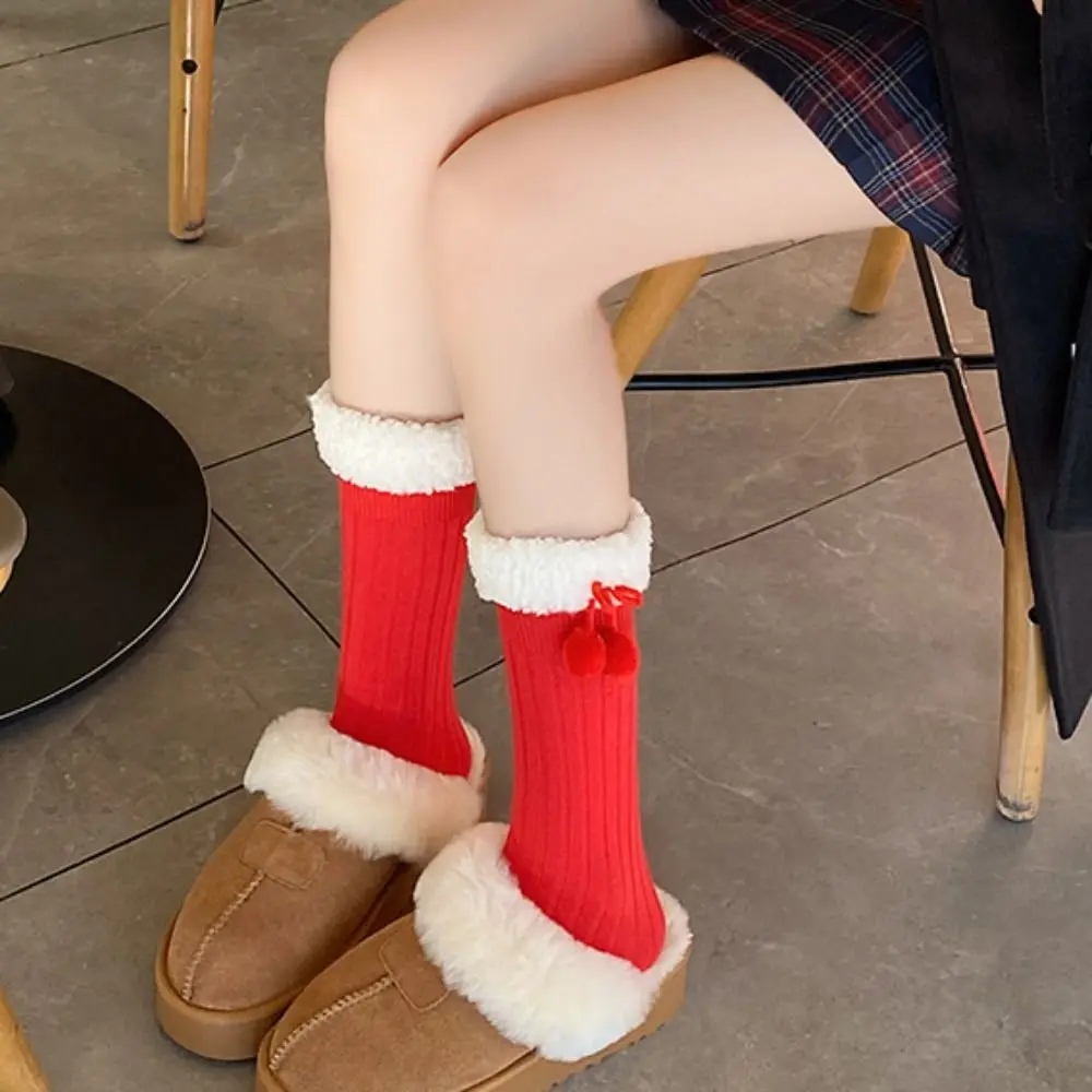 Kawaii Female Hosiery New Year Red Socks Bow Cotton Children Red Socks Thicken Floor Socks Middle Tube Socks Women