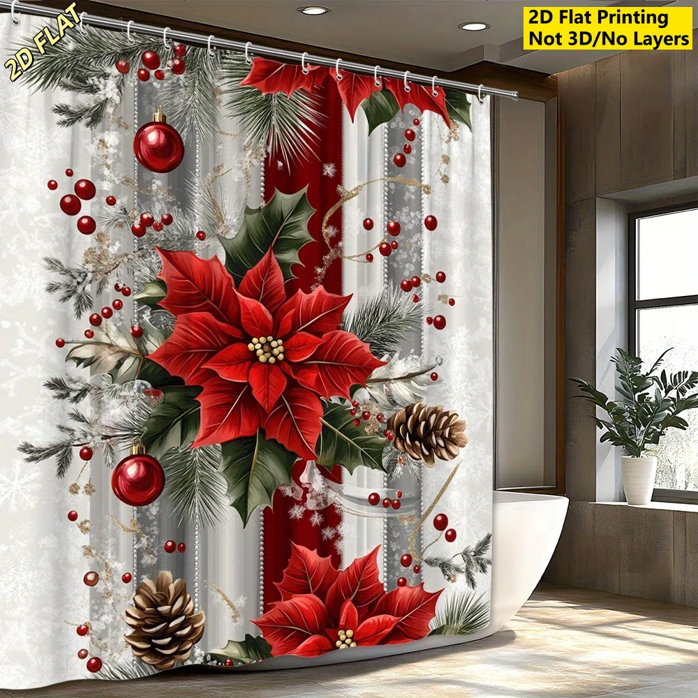 1pc 2D Flat Christmas Shower Curtain, Red Angel Single Flower, Bright Floral, Christmas Tree, Leaf & Red Berry Print