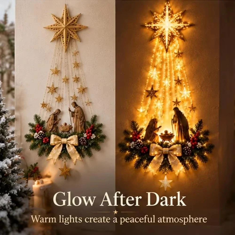 Decoración de Pared de Nacimiento Iluminada con Estrella de la Fe de Belén, Adorno Colgante Navideño Brillante, Luces LED para Interiores, Iluminación Cálida