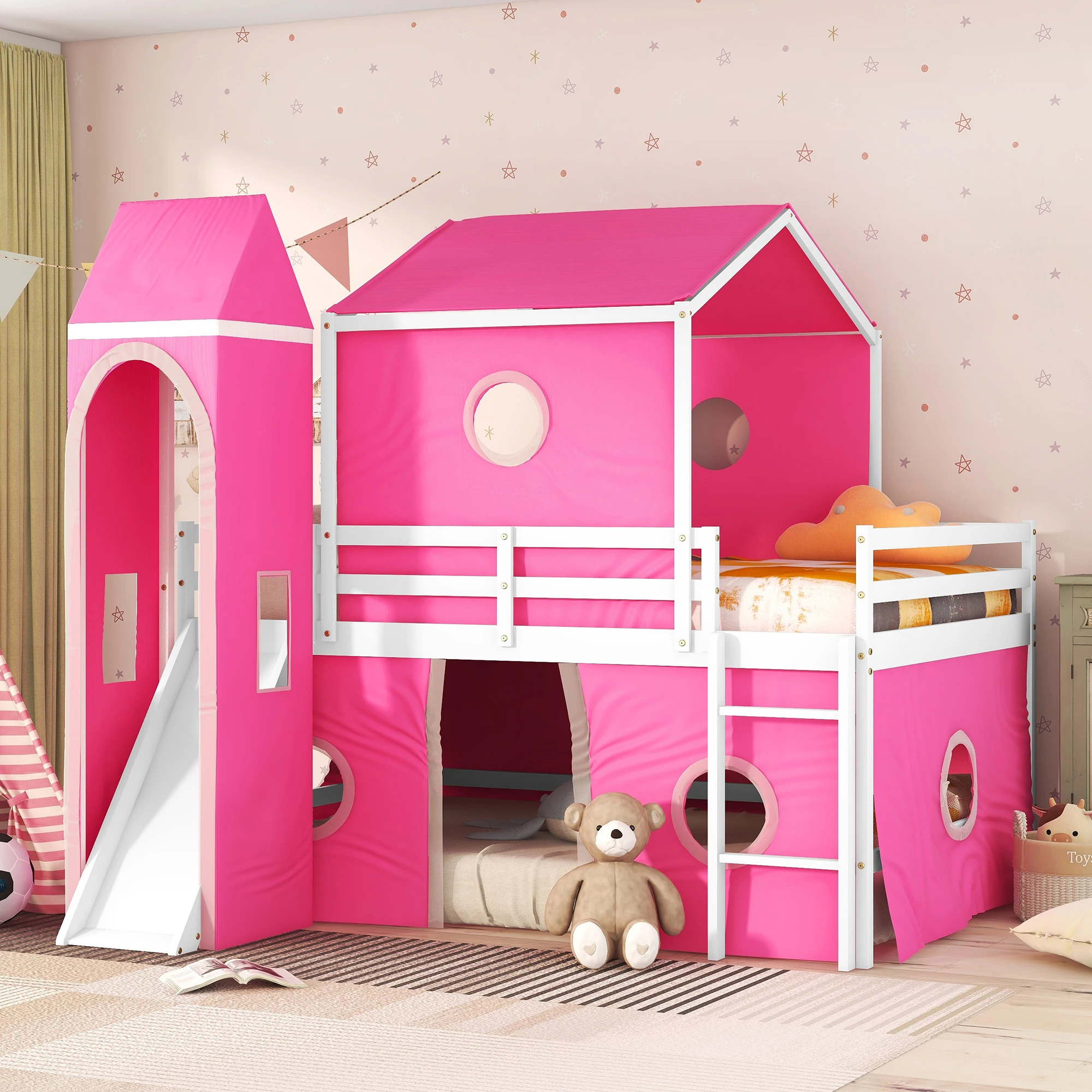 Full Size Bunk Bed with Slide, Pink Tent and Tower, Pink 93.80x57.40x74.80 in.