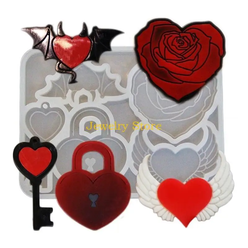 f2td-diy-Силиконовая-любовь-rose-angel-devil-wings-lock-ключ-эпоксидной-смолы-капля-клей