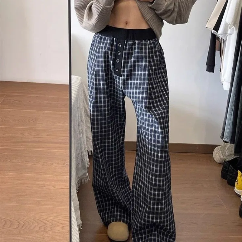 

Deeptown Vintage Blue Plaid Wide Leg Women's Pants Button American Fashion Baggy Trousers Straight Casual Comfortable Spring