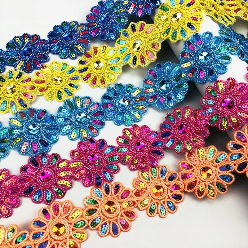 4 Yards/lot Polyester Embroidery Colorful Sequin Stick-on Lace Ribbon Trims DIY Sewing Garment Handmade Materials 5cm Wide