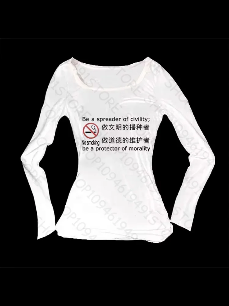 Y2K الخريف والشتاء تي شيرت نسائي جديد بسيط يوميا متعدد الاستخدامات مطبوع عليه حروف بيضاء معطف أساسي بأكمام طويلة