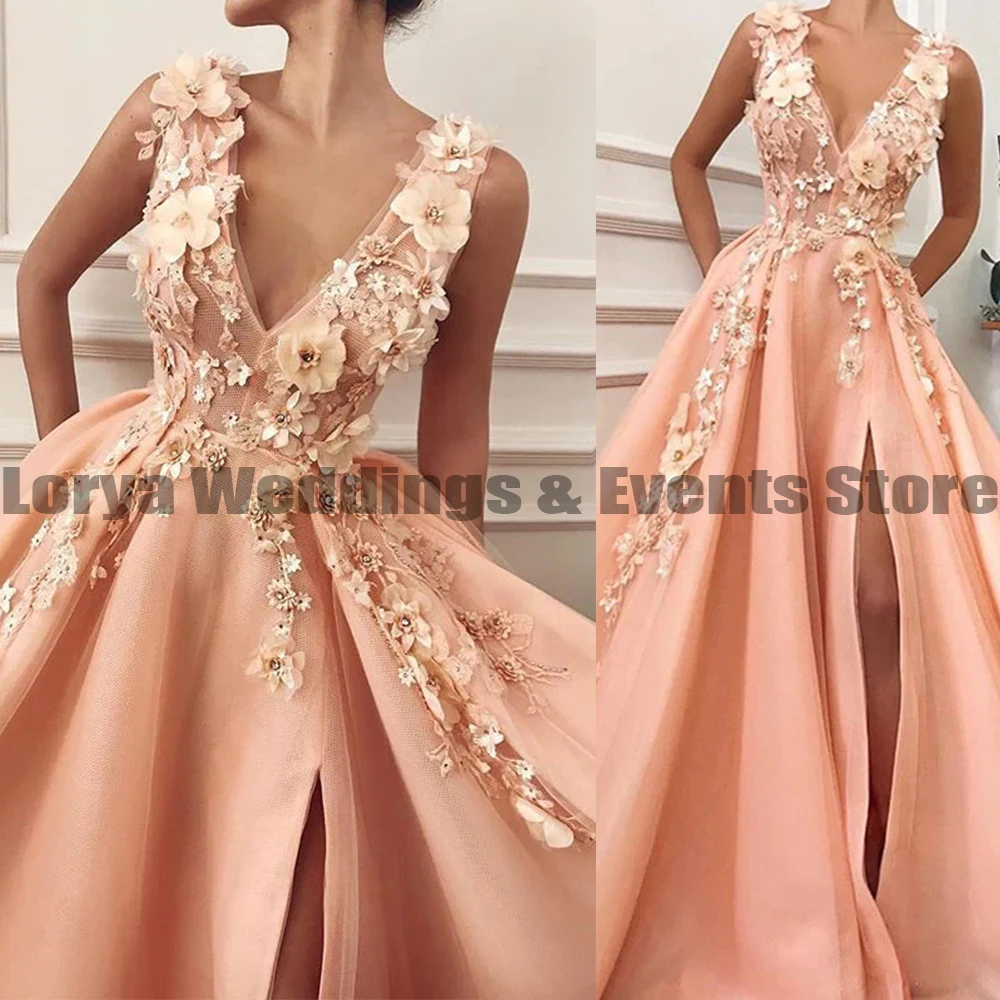 Sexy profundo decote em v vestidos de baile 3d decalque alça de ombro dupla feminino a linha pura princesa casamento formal praia festa lado alto